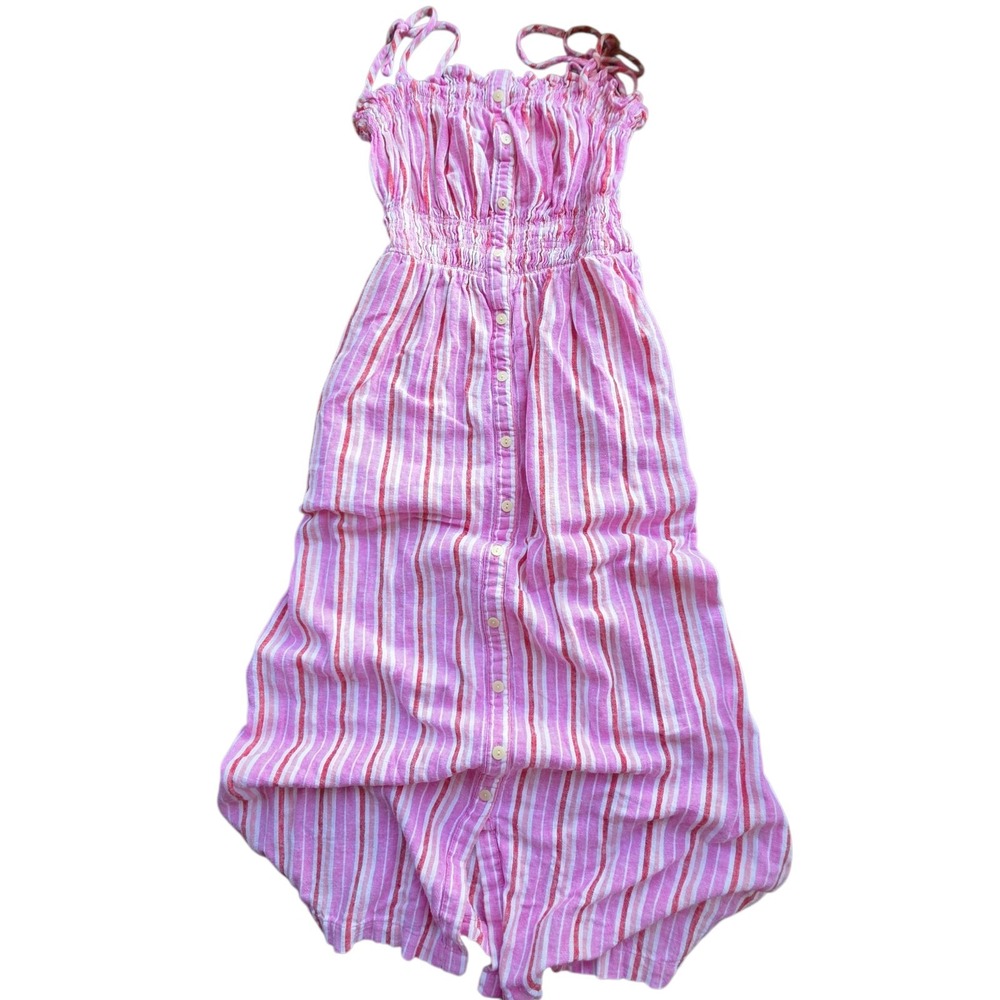 SO Woman's Dress Pink & White Linen Blend Striped With Tie Straps #1209‎